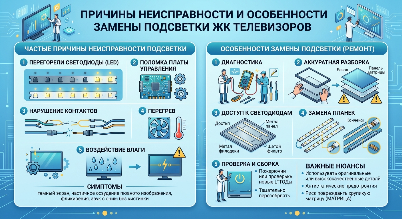 Причины неисправности и особенности замены подсветки ЖК телевизоров